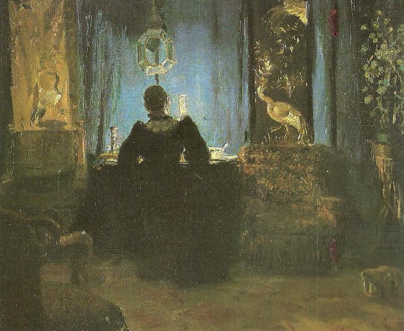 Anna Ancher den vest med bla gardinerre stuefru ancher ved skrivebordet china oil painting image
